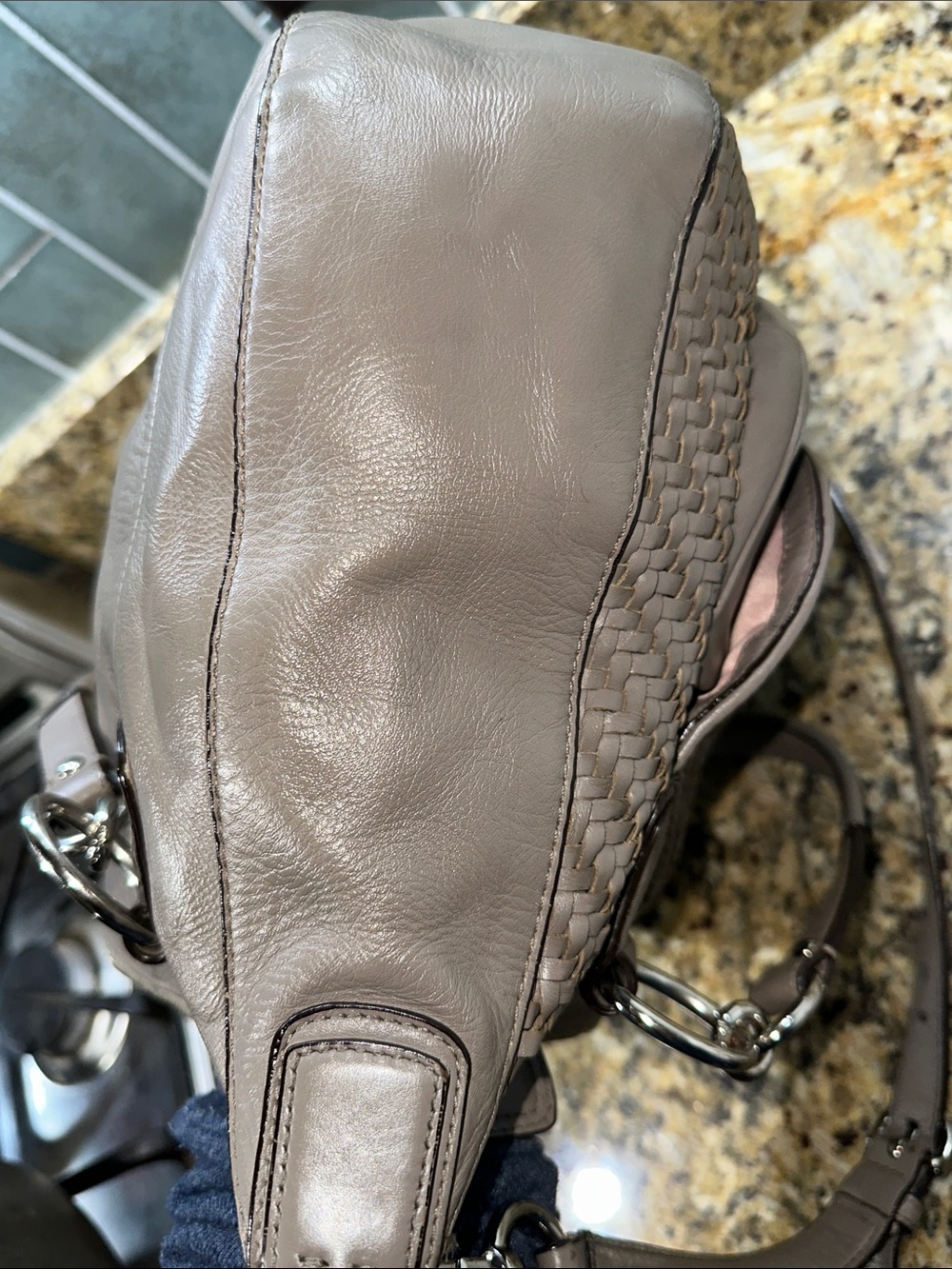 Coach Kristen Woven Leather Shoulder Satchel in Taupe Gray with pink interior - Picture 15 of 16